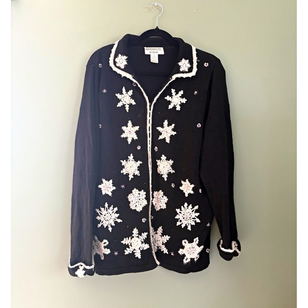Arriviste VTG Women's Black White Snowflake Knit Cardigan Sweater Long Sleeve M